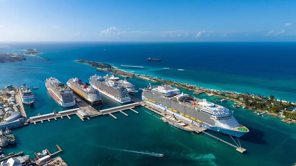 Cruise ships at the piers in Nassau harbour, Bahamas, from the air