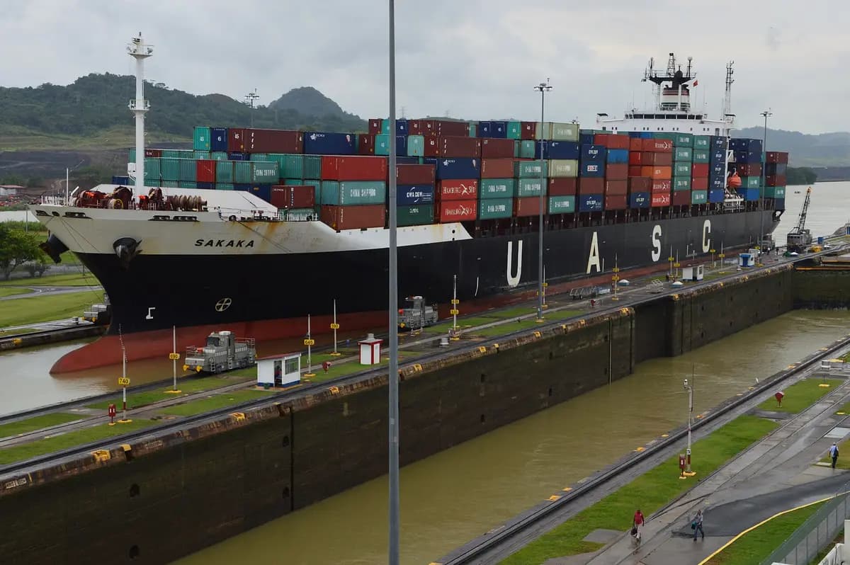 A ship passing through the Miraflores Locks of the Panama Canal